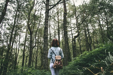 Person klädd i denim och en ryggsäck som går i skogen.