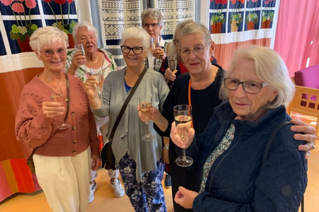 Sex kvinnor som skålar i champagneglas