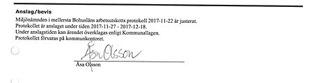 Anslag/bevis miljönämnden i mellersta Bohusläns arbetsutskotts protokoll.