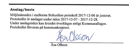 Anslag/bevis miljönämnden i mellersta Bohusläns protokoll.